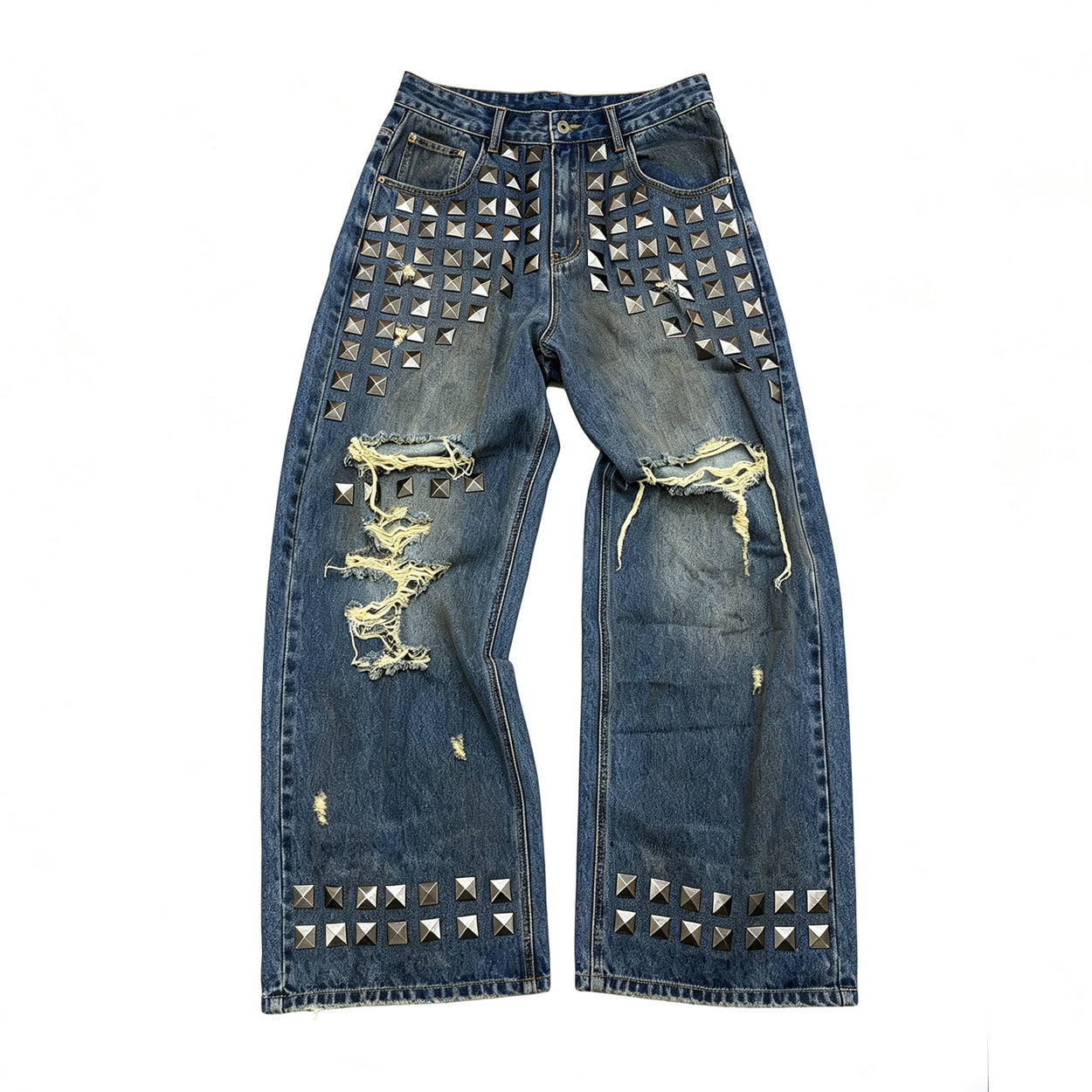 Punk Riveted Ripped Straight-Leg Jeans – Washed Distressed Y2K Vintage Denim