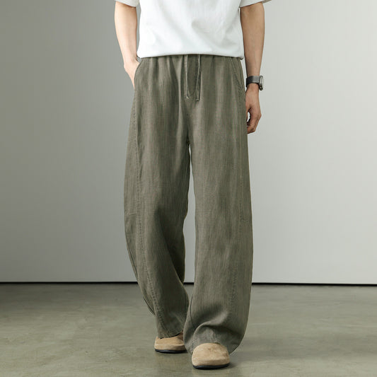 Premium Tencel linen pants, men's summer thin breathable lyocell slacks, loose straight wide-leg scimitar pants