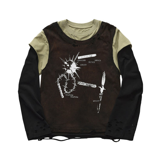 Deconstructed Spliced Washed Long Sleeve T-Shirt – Loose Unisex Streetwear