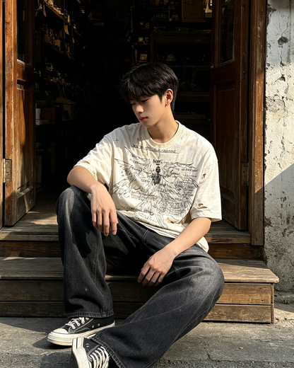 Gothic Wings Graphic Tee – Vintage Ripped Distressed Loose Crew Neck T-Shirt