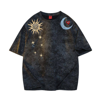 Tie-Dye Sun Moon Print T-Shirt – Loose Unisex Summer Streetwear