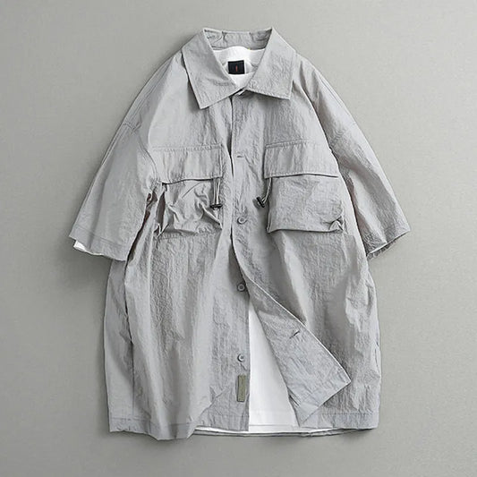 Summer Japanese casual trendy brand retro design sense loose and versatile short-sleeved cargo shirt men