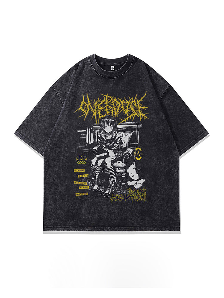 Washed Anime Print Loose T-Shirt – Vintage Unisex Streetwear