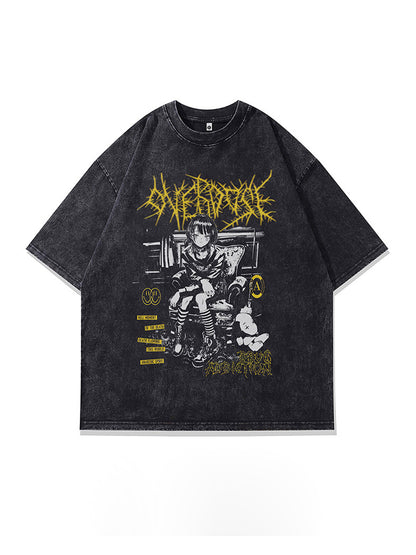 Washed Anime Print Loose T-Shirt – Vintage Unisex Streetwear