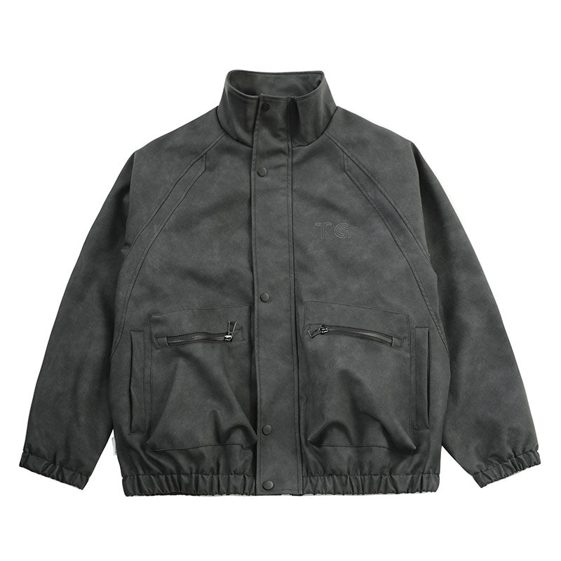 Letter Embroidery Stand-Collar Moto Jacket – American Retro Oversized Unisex