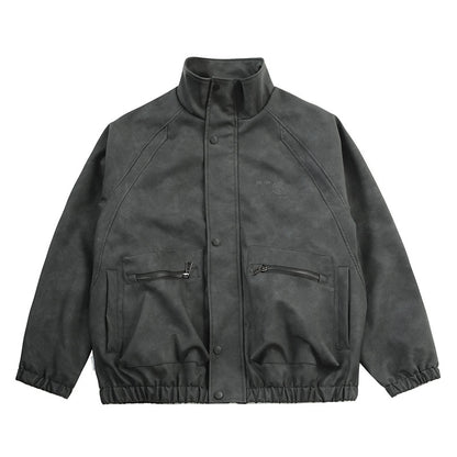 Letter Embroidery Stand-Collar Moto Jacket – American Retro Oversized Unisex