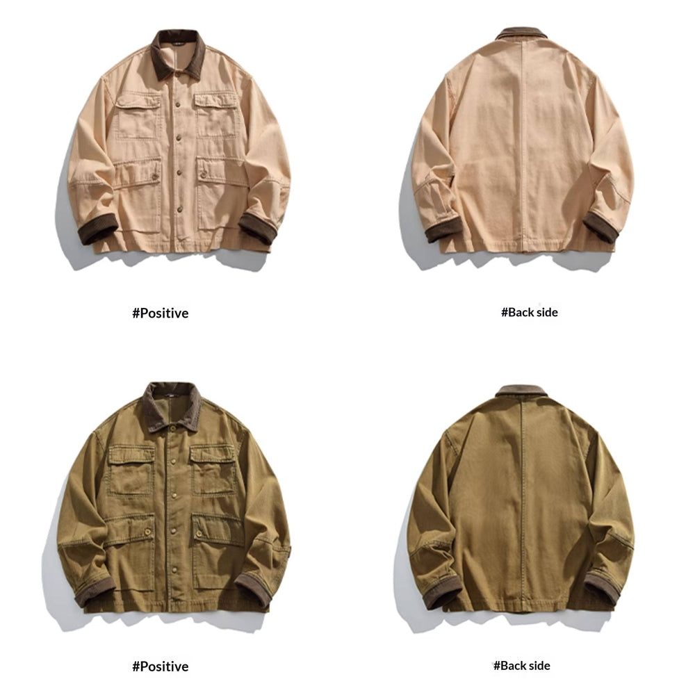 Cotton Cargo Jacket – Corduroy Collar & Four Pockets | Yamalin clothes | Vintage workwear outfit for men