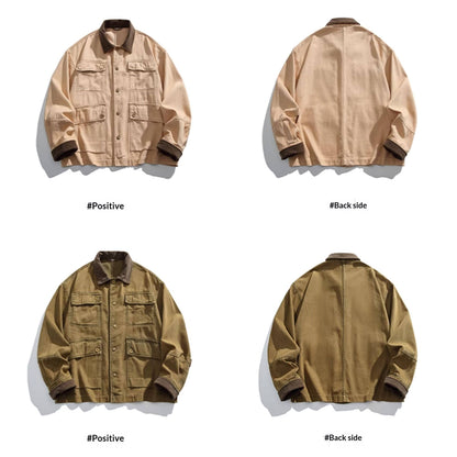Cotton Cargo Jacket – Corduroy Collar & Four Pockets | Yamalin clothes | Vintage workwear outfit for men