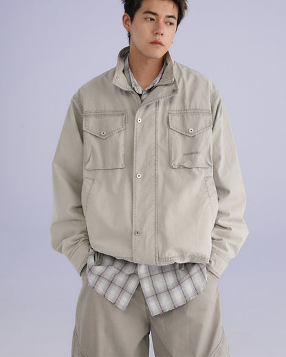 American Retro Stand Collar Cargo Jacket – Loose Unisex Autumn