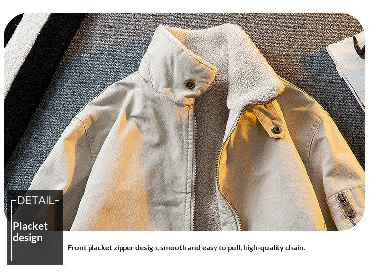 Lambswool Stand Collar Workwear Bomber Jacket – Fleece Lined Unisex Winter