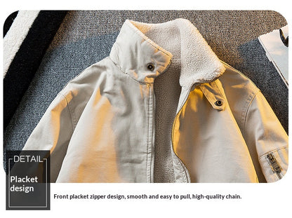 Lambswool Stand Collar Workwear Bomber Jacket – Fleece Lined Unisex Winter
