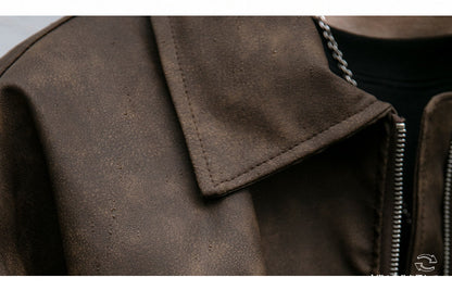 Double-Zip Stand-Collar PU Leather Jacket – Vintage Oversized Unisex