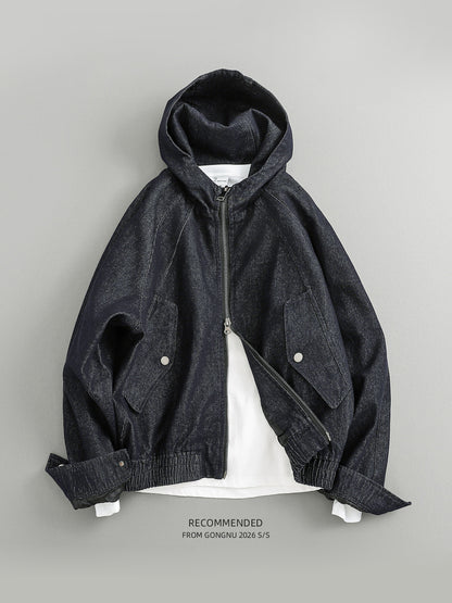 Hooded Denim Zip-Up Jacket – Japanese Vintage Loose Unisex