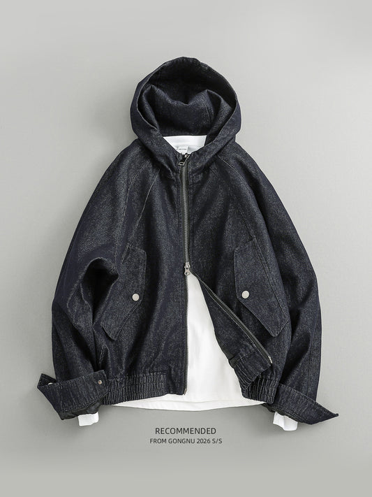 Hooded Denim Zip-Up Jacket – Japanese Vintage Loose Unisex – Coats Jackets | japanese streetwear | vintage workwear | unisex | Yamalinclothes
