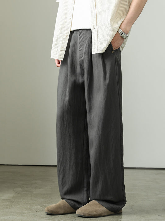 Draped Lyocell slacks men's summer thin Tencel linen pants men's loose wide-leg straight ice silk pants