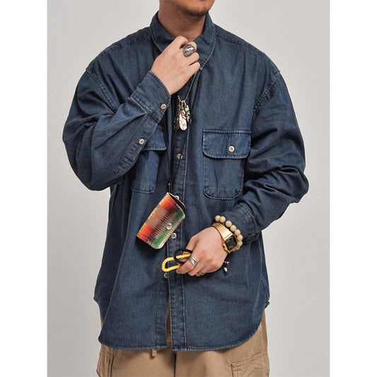 Indigo wash worn! Soften! Japanese Cityboy vintage multi-pocket loose denim long-sleeved shirt