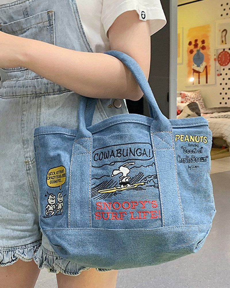 Denim Canvas Embroidery Tote Bag – Cute Cartoon Portable Handbag