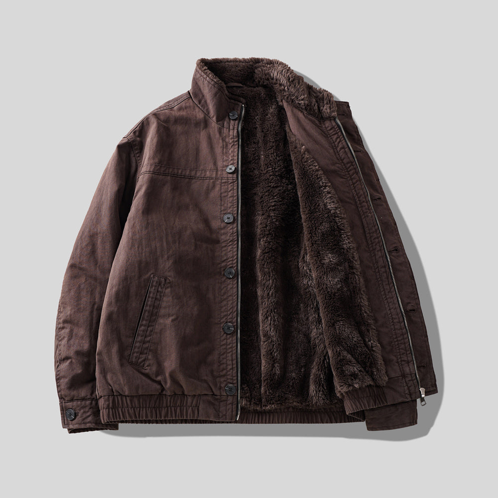 Faux Fur-Lined Jacket – Stand Collar & Gathered Hem | Yamalin clothes | Vintage workwear outfit for men
