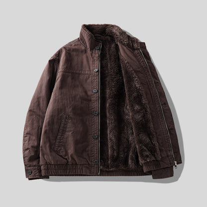 Faux Fur-Lined Jacket – Stand Collar & Gathered Hem | Yamalin clothes | Vintage workwear outfit for men
