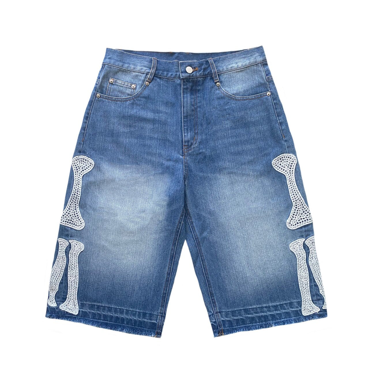 Loose Embroidered Bone Distressed Denim Shorts – Washed Unisex Oversized Streetwear