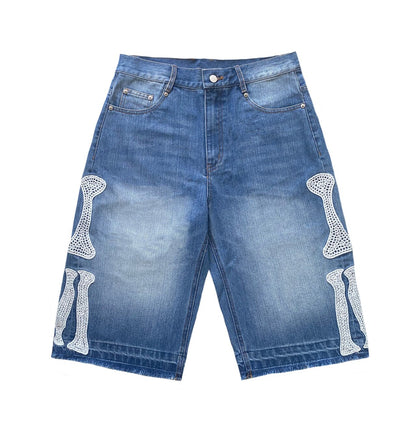 Loose Embroidered Bone Distressed Denim Shorts – Washed Unisex Oversized Streetwear