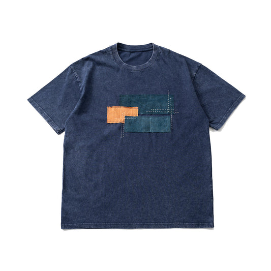 Indigo Patchwork Washed Distressed Tee – Oversized Unisex Streetwear – Short-sleeved T-shirt | japanese streetwear | vintage workwear | unisex | Yamalinclothes