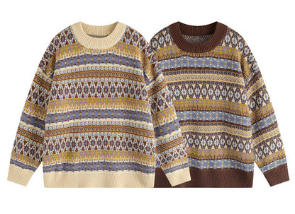 Fair Isle Vintage Knit Sweater – Oversized Unisex Brown Apricot