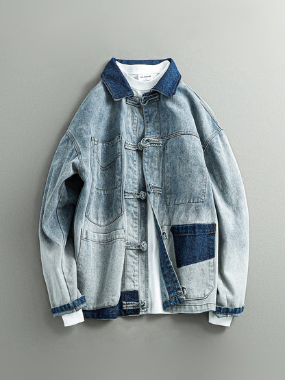 Chinese Frog Button Denim Jacket – Vintage Cotton Oversized Unisex