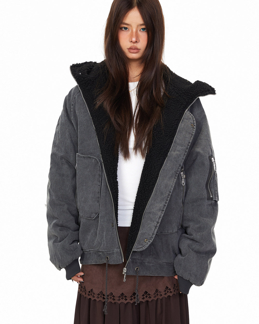 Polar Fleece Hooded Denim Cargo Jacket – Thickened Oversized Unisex