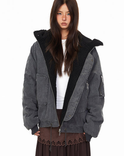 Polar Fleece Hooded Denim Cargo Jacket – Thickened Oversized Unisex