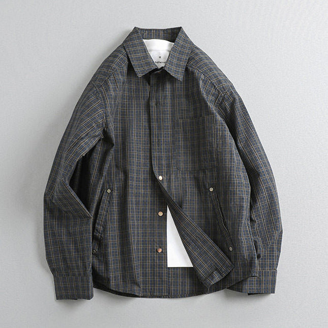 Japanese Retro Plaid Shell Buckle Long Sleeve Shirt – Loose Versatile Cotton Shirt for Men – Japanese vintage | yamalin clothes | Yamalinclothes