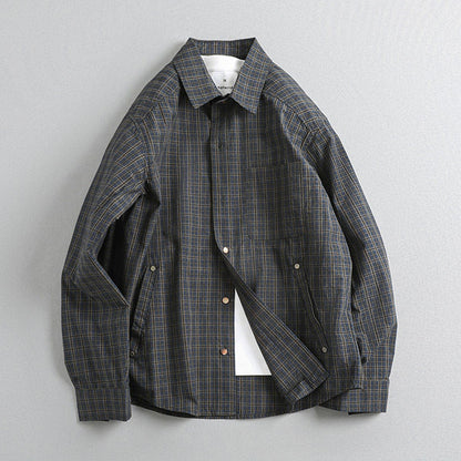 Japanese Retro Plaid Shell Buckle Long Sleeve Shirt – Loose Versatile Cotton Shirt for Men – Japanese vintage | yamalin clothes | Yamalinclothes