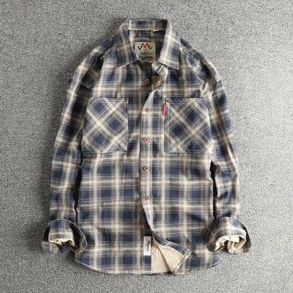 Japanese Plaid Workwear Shirt – Men's Washed Cotton Large Pocket Long-Sleeve