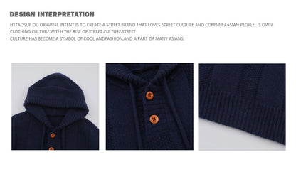Japanese Hooded Knit Pullover – Unisex Oversized Thick Blue Coffee