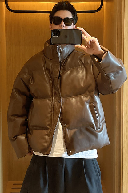 Faux Leather Down Jacket – Short Fit & Stand Collar | Yamalinclothes