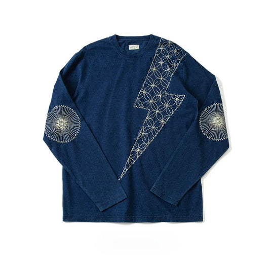 Japanese retro men's wash blue dyed denim lightning embroidery long-sleeved T-shirt for men and women | Japanese vintage | yamalin clothes | Yamalinclothes