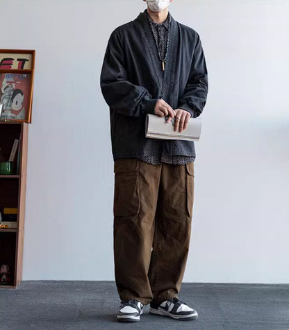 Solid Cotton V-Neck Robe Jacket – American Retro Oversized Unisex – Japanese vintage | fall outfits 2026 | fall winter outfits | classy winter outfits | lazy comfy outfits | japanese streetwear | vintage workwear | yamalin clothes | Yamalinclothes