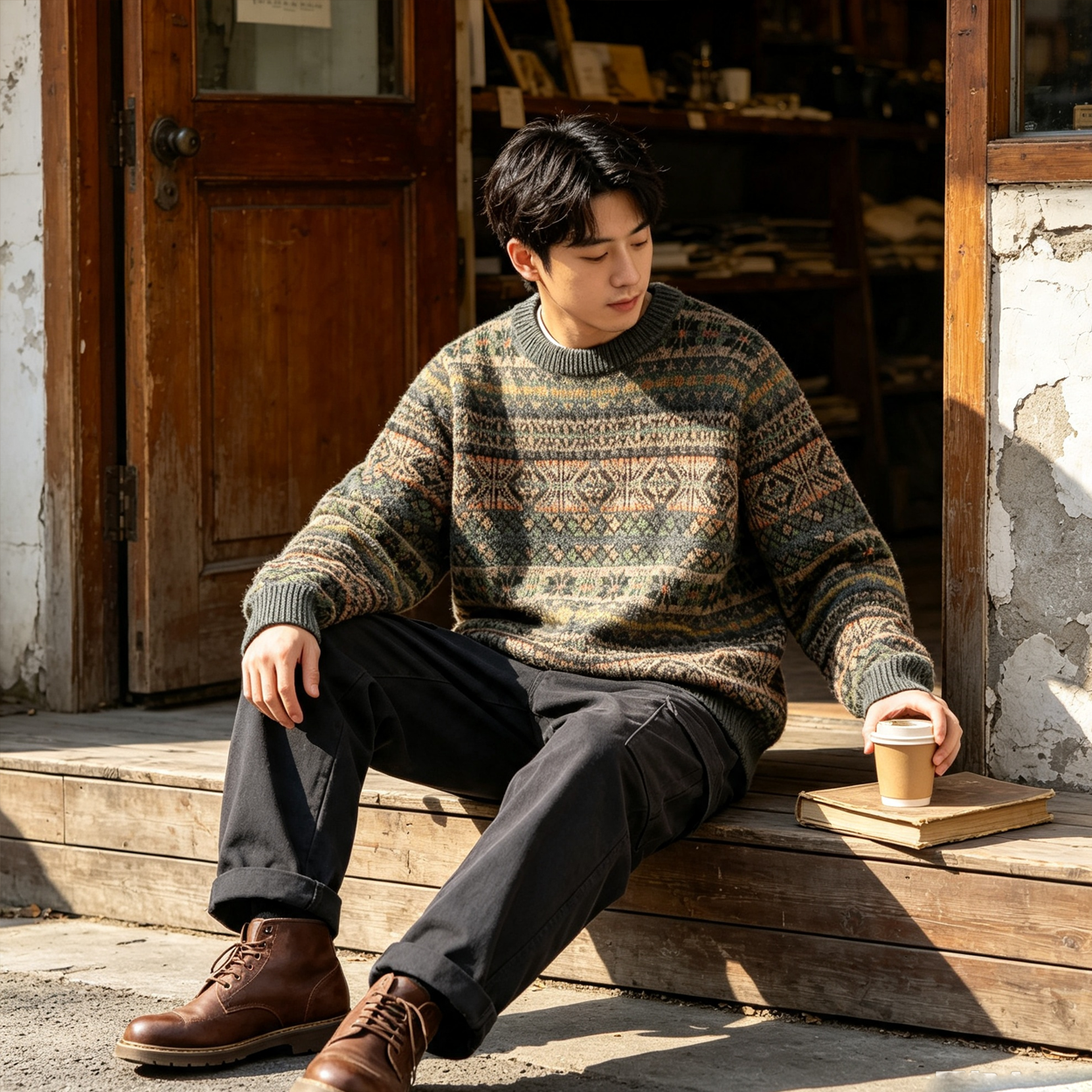 100% Wool Jacquard Stripe Crew Neck Sweater – Men's Thick Knit Pullover