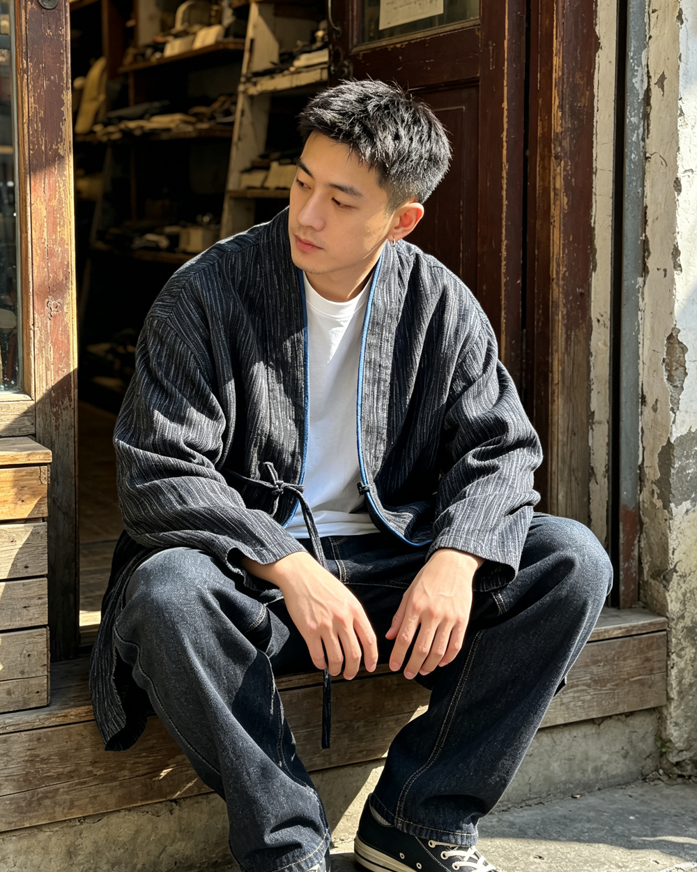 Indigo-Dyed Cotton Linen Haori Lace-Up Jacket – Chinese Japanese Unisex – Japanese vintage | yamalin clothes | Yamalinclothes