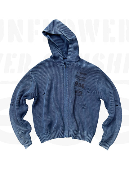 440G Washed Distressed Hooded Knit Zip Cardigan – Japanese Vintage Oversized – Sweater cardigan | japanese streetwear | vintage workwear | unisex | Yamalinclothes
