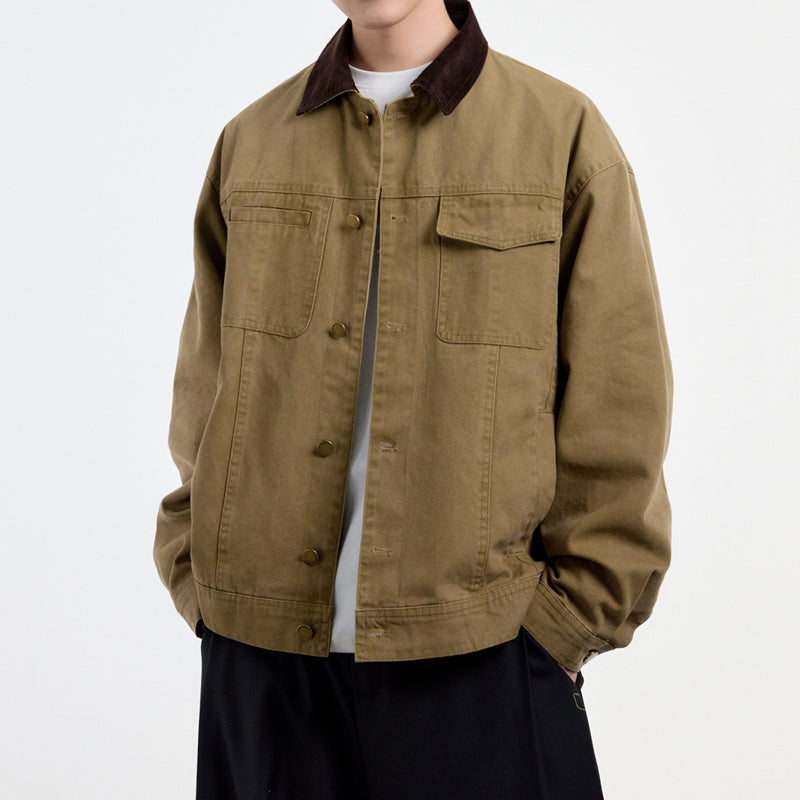 {{ American Vintage Detroit Cargo Jacket – Washed Canvas Contrast Lapel Loose Fit for Men – Japanese vintage | yamalin clothes | Yamalinclothes }}