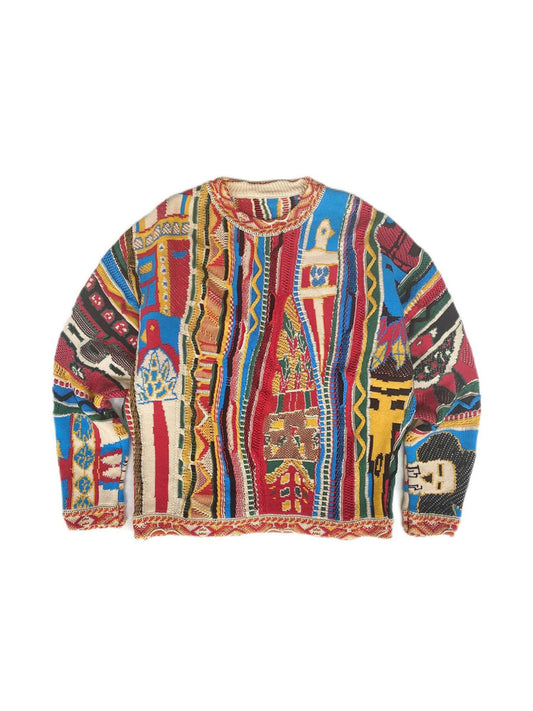 Retro Portrait Pattern Crew Neck Sweater – Red Knit