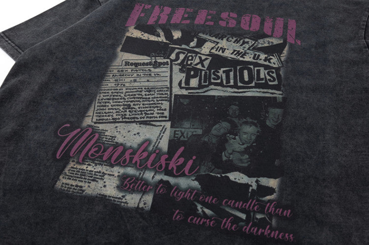Old Newspaper Band Print Short Sleeve T-Shirt – Loose Unisex High Street – Japanese vintage | yamalin clothes | Yamalinclothes