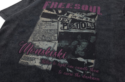 Old Newspaper Band Print Short Sleeve T-Shirt – Loose Unisex High Street – Japanese vintage | yamalin clothes | Yamalinclothes