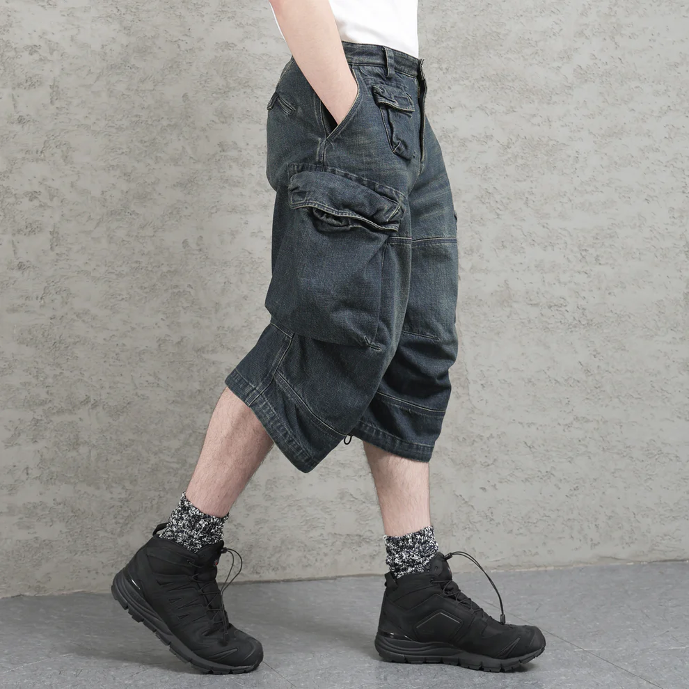 Siri Loose Denim Shorts, Heavy Wash, Distressed Cropped Pants, High Street Large Pockets, 3D Silhouette Medium Pants – Japanese vintage | yamalin clothes | Yamalinclothes