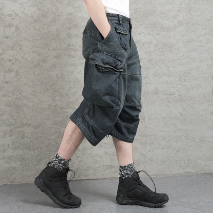 Siri Loose Denim Shorts, Heavy Wash, Distressed Cropped Pants, High Street Large Pockets, 3D Silhouette Medium Pants – Japanese vintage | yamalin clothes | Yamalinclothes