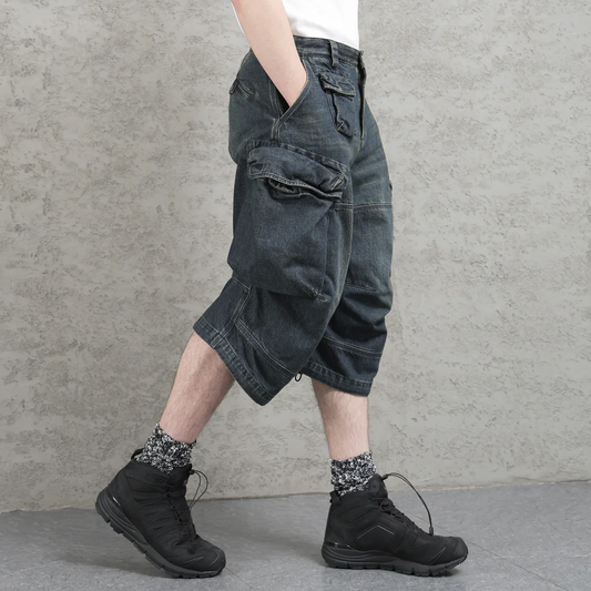 Siri Loose Denim Shorts, Heavy Wash, Distressed Cropped Pants, High Street Large Pockets, 3D Silhouette Medium Pants – Japanese vintage | yamalin clothes | Yamalinclothes