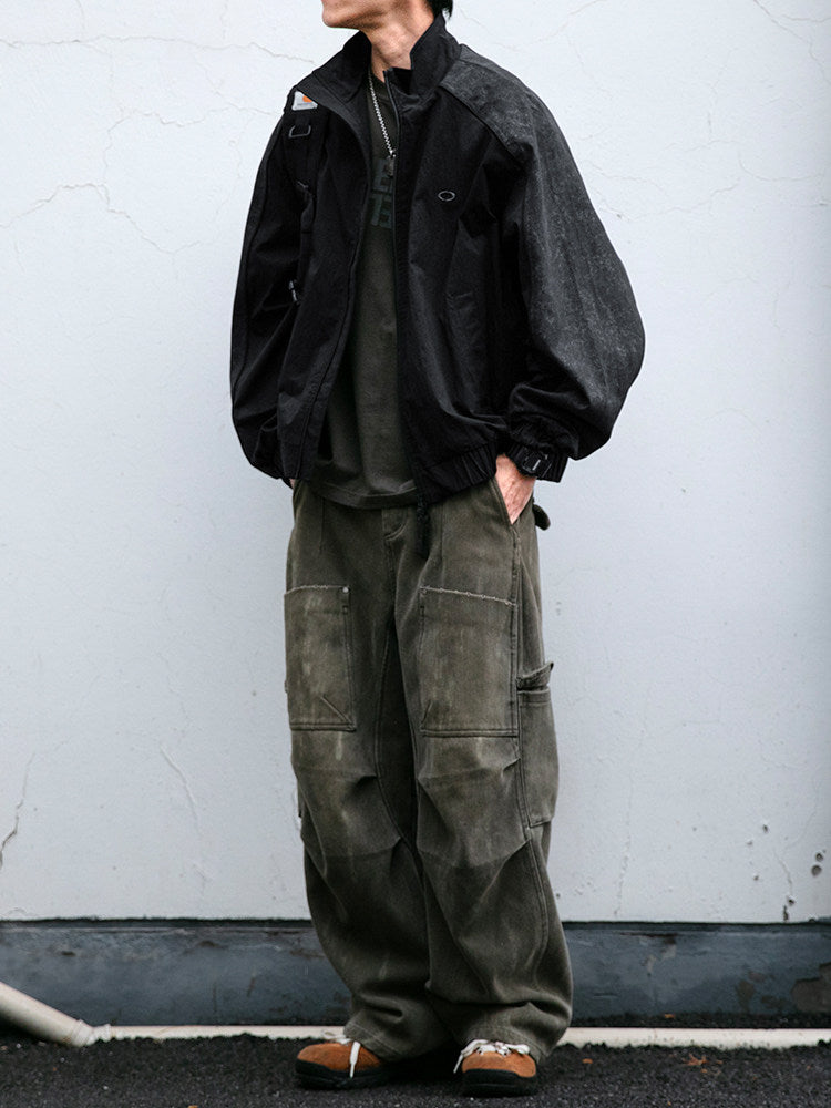 Spliced Textured Stand-Collar Jacket – American Retro Oversized Unisex
