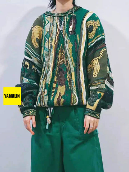 Vintage Green Lion Knit Sweater - Japanese Retro Crew Neck Pullover