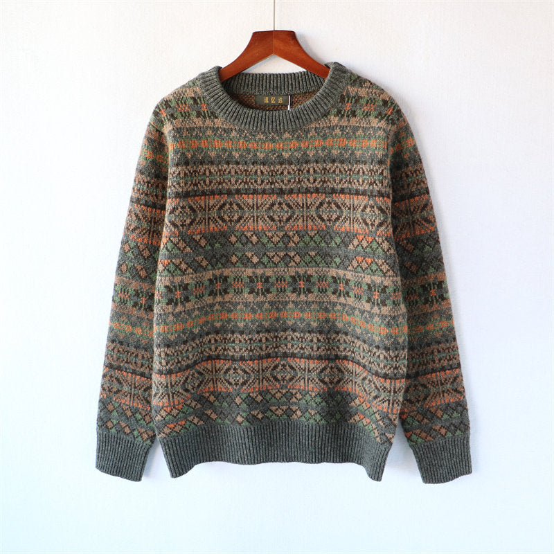 100% Wool Jacquard Stripe Crew Neck Sweater – Men's Thick Knit Pullover